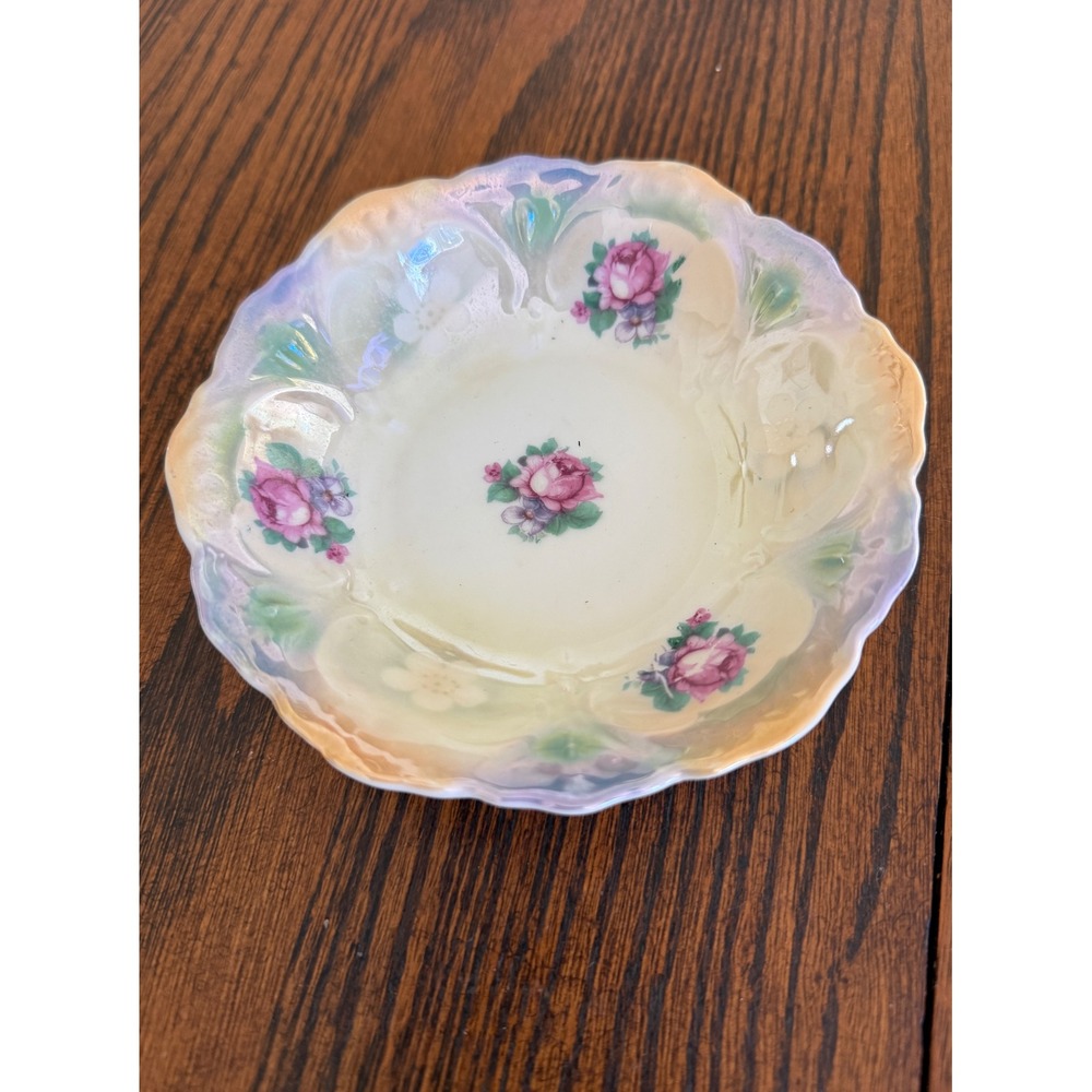 Vintage Bavaria Porcelain Lusterware Berry Bowl Pink Rose Floral Scalloped 5.25"
